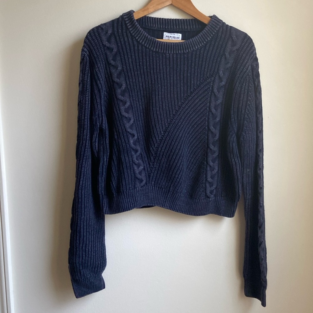 For The Republic Cotton Crewneck Sweater (Sz XL) Blue Distressed Cable Knit